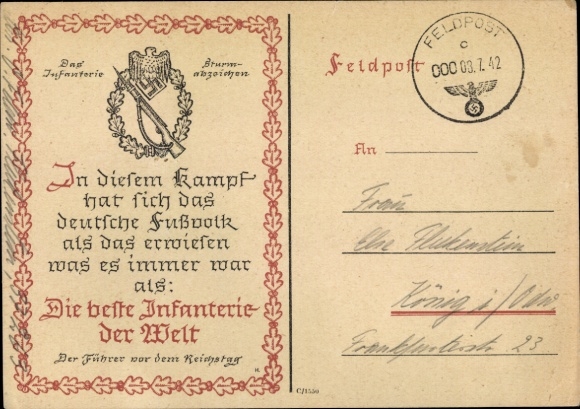 Ak Zitat Führer und Reichskanzler Adolf Hitler, Die beste Infanterie der Welt, Sturmabzeichen
