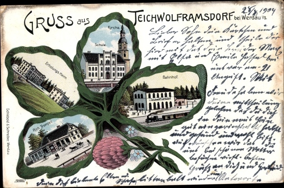 Kleeblatt Litho Mohlsdorf Teichwolframsdorf in Thüringen, Kirche, Bahnhof, Erholungsheim