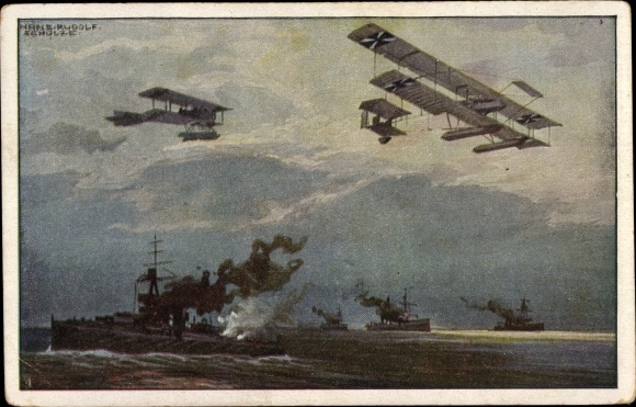 Artist PC Schulze, Hans Rudolf, seaplanes over the English fleet, I. WW