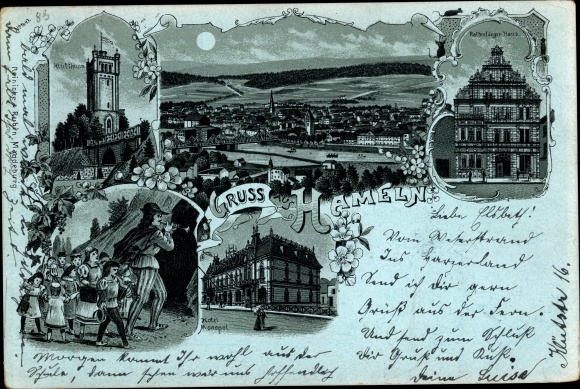 litho Hameln aan de Weser Nedersaksen, rattenvangerhuis, Klütturm, trouwhuis, totaalbeeld