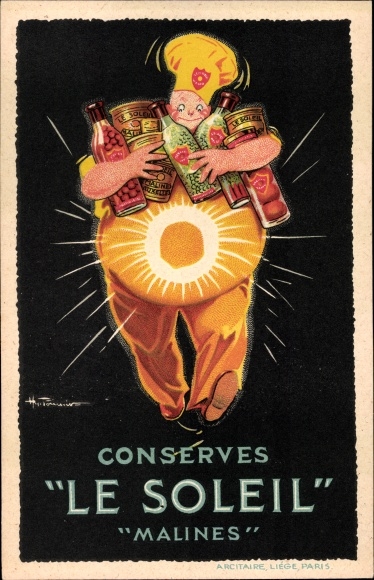 Ak Reklame, Conserves Le Soleil, Malines, Dicker Mann mit Konserven