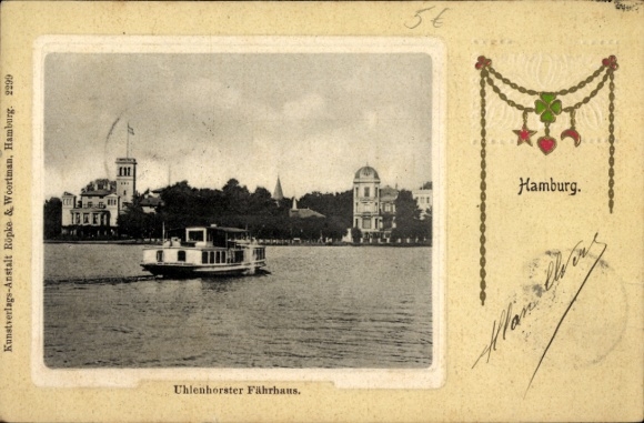 Embossed Passepartout Postcard Hamburg Nord Uhlenhorst, view to the ferry house