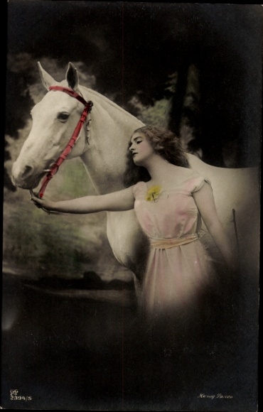 Postcard woman and white horse, portrait, flowers