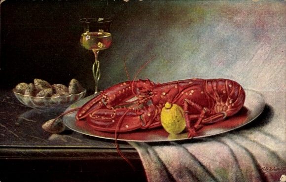 Artist Postcard still life, lobster, lemon