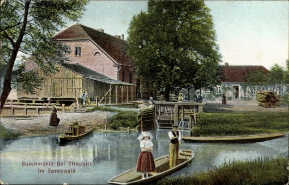 Postcard Straupitz in the Spreewald, Buschmühle, Spreewald barge, girl in traditional costume