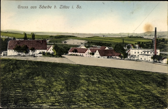 Ak Scheibe Mittelherwigsdorf Sachsen, panorama van de plaats, slaapdekensfabriek door CG Thomas