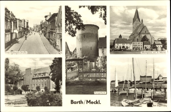 Postcard Barth on the Baltic Sea, Ernst-Thälmann-Strasse, market square with St. Marien, town hall, Fangelturm
