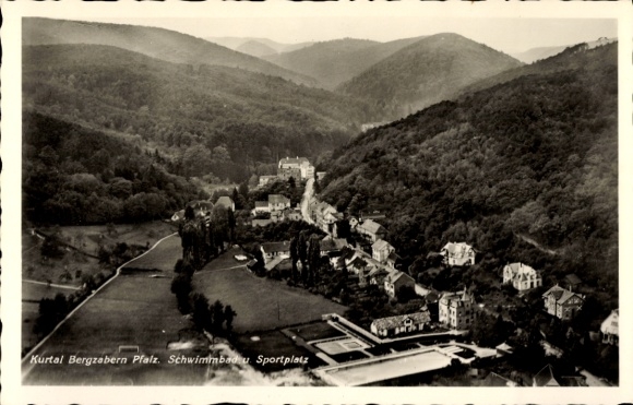 Postcard Bad Bergzabern on the Palatinate Wine Route, landscape photograph, swimming pool, sports field