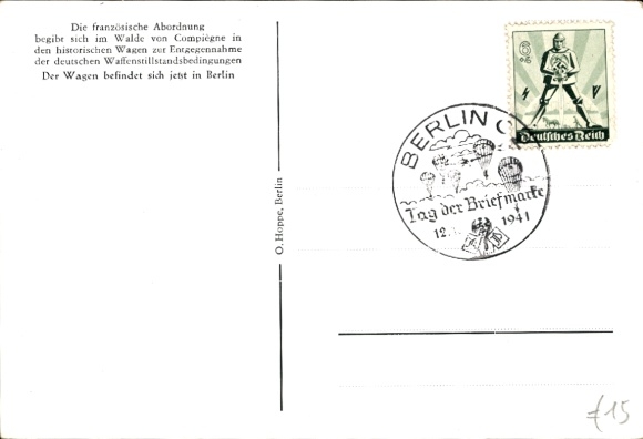 Postcard Armistice of Compiègne on June 21, 1940, railway carriage, French delegation