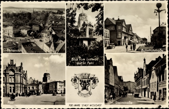 Coat of arms PC Wolgast in Mecklenburg-Western Pomerania, St. Petri, partial view, post office, street views