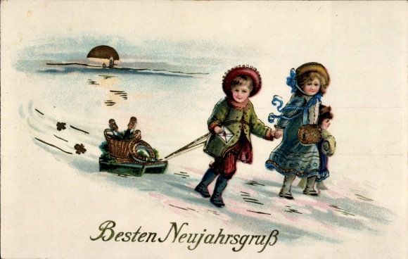 Ak Glückwunsch Neujahr, Kinder, Schlitten, Sekt