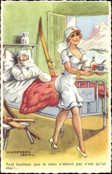 Künstler Ak Chaperon, J., Patient im Bett, Krankenschwester, Tout bonheur que la main...