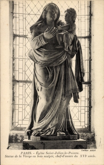 CPA Paris V, église Saint Julien le Pauvre, Statue de la Vierge en bois sculpté
