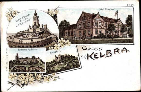 litho Kelbra bij de Kyffhäuser, Kaiser Wilhelm-monument, Hotel Lindenhof, kasteelruïne, Rothenburg