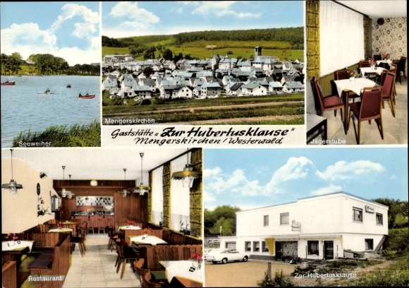 Postcard Mengerskirchen in the Westerwald, Gaststätte Zur Hubertusklause, restaurant, lake pond