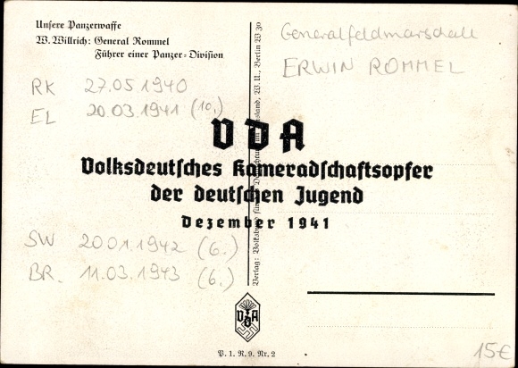 Artist PC Willrich, Wolfgang, Major General Rommel, Knight&#39;s Cross recipient, Panzer Division, VDA 1 9 2
