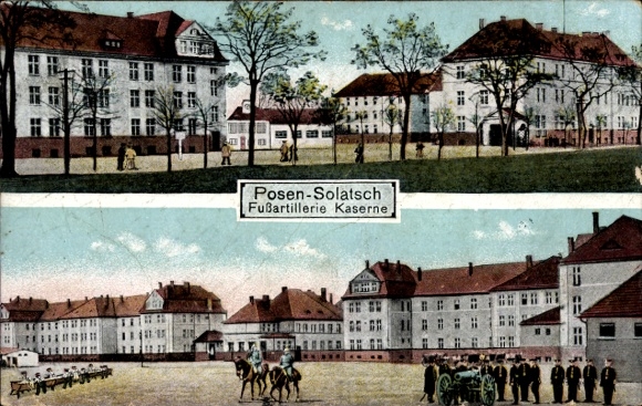 Postcard Sołacz Solatsch Poznań Posen, foot artillery barracks, barracks yard, soldiers at the gun