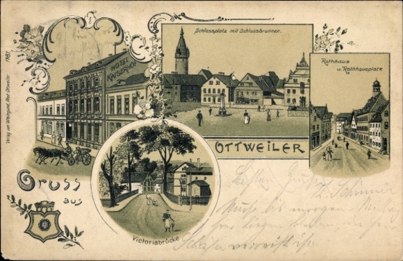 Chromo-Litho Ottweiler in Saarland, Hotel Kaiserhof, Victoria Bridge, Palace Square, Palace Fountain, Town Hall