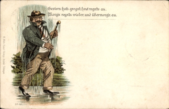 Chromo-Litho Rainy Weather, Happy Man, Walking Stick