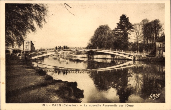 Ak Caen Calvados, Brücke über den Fluss Orne, Bäume, ruhiges Wasser, sepia Ton, Gaby