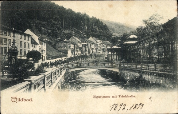 Postcard Bad Wildbad in the Black Forest, Olgastrasse with Trinkhalle, 1872,1877
