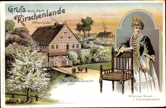 Chromo-Litho Jork in the old country, cherry country, ferry house Lühe, flowers, old country bride in costume
