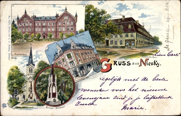 Chromo-Litho Niesky in Upper Lusatia, mission house, war memorial, sisters&#39; house, church