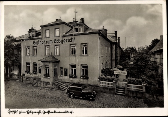 Postcard Großerkmannsdorf, Gasthof zum Erbgericht, car