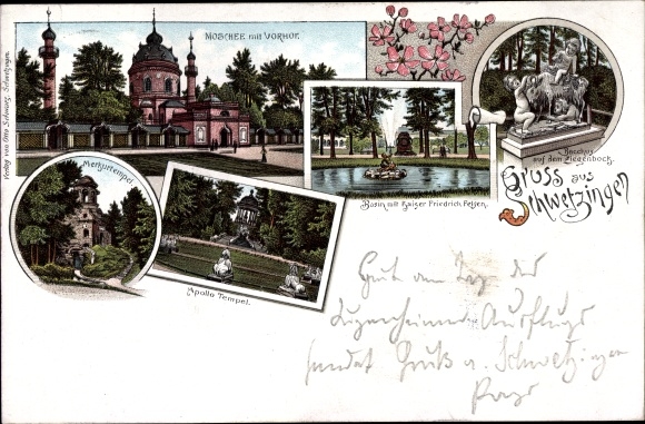 Chromo-Litho Schwetzingen Baden Württemberg, Temple of Mercury, Mosque, Basin with Kaiser Friedrich Temple
