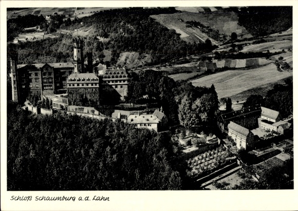 Postcard Schaumburg Rinteln on the Weser, aerial view of Wald Castle, fields