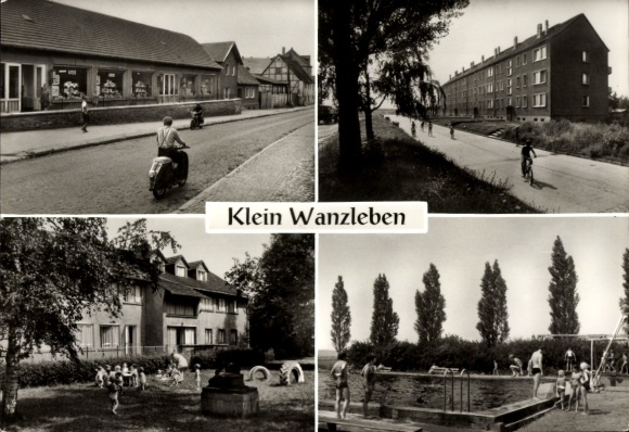 Postcard Klein Wanzleben Saxony-Anhalt, black and white photographs, street view, children, swimming pool