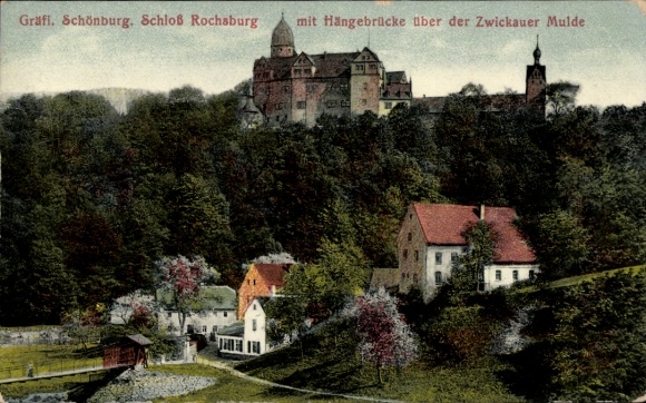 Postcard Rochsburg Lunzenau Saxony, Count's Castle Rochsburg with suspension bridge over the Zwickauer Mulde