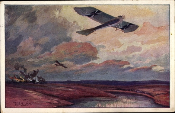 Künstler Ak Schulze, Hans Rudolf, Militärtaube auf Erkundungsflug bei den Masurischen Seen, I. WK