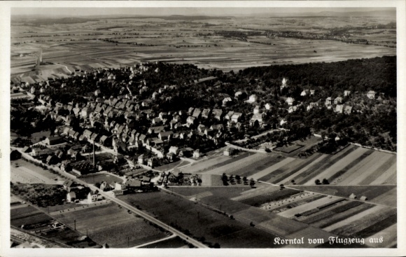 Postcard Korntal in Strohgäu Württemberg, aerial view of settlement, fields, landscape
