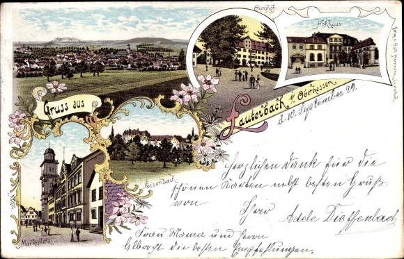 Chromo-Litho Lauterbach in Hessen, Burghof, Hohhaus, Eisenbach, Marktplatz