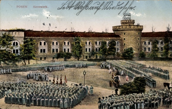 Postcard Poznań Posen, Kernwerk, soldiers, formation