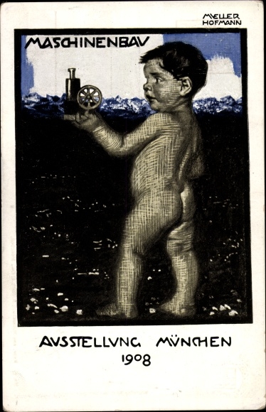 Postal stationery artist PC Müller Hofmann, Munich, exhibition 1908, mechanical engineering