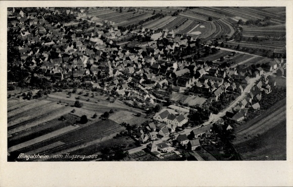 Postcard Mingolsheim Bad Schönborn in Baden, aerial view of numerous roofs, agricultural fields