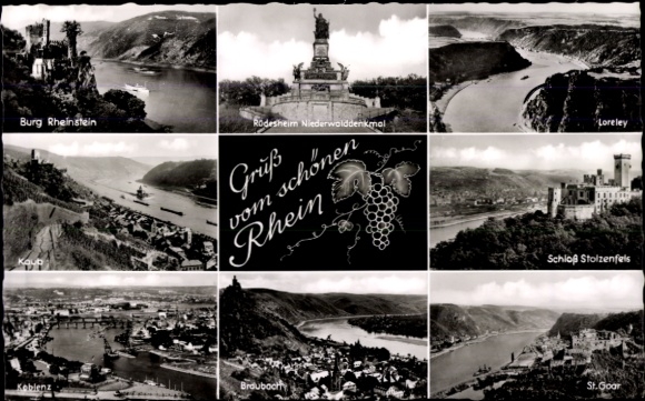 Postcard Braubach am Rhein, Marksburg, aerial photograph, St. Goar, Stolzenfels Castle, Loreley, Koblenz