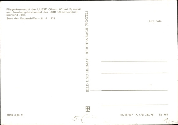 Postcard cosmonaut Sigmund Jähn, first pilot cosmonaut of the GDR, Valery Bykovsky, Soyuz 31