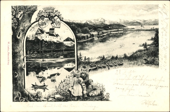 Postcard Seefeld in Upper Bavaria, general view, boats, children