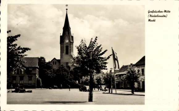 PC Großräschen in Lower Lusatia, market, flag, church