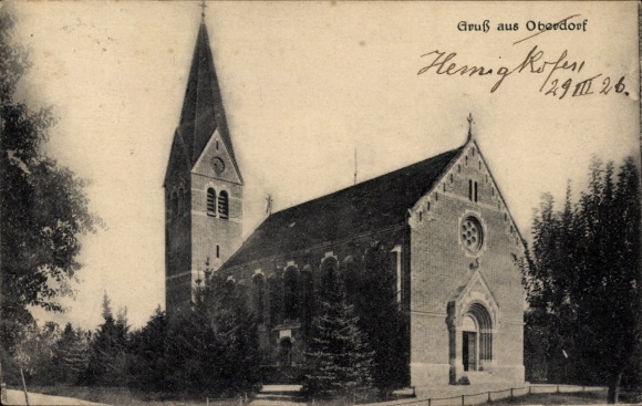 Postcard Oberdorf Canton Solothurn, church, groups of trees, greetings from H. Rosen, 29126