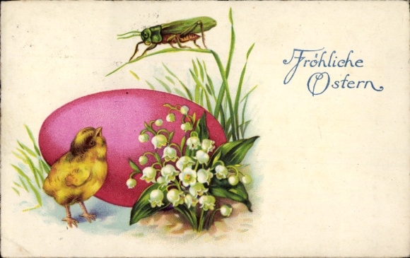 Greeting card Easter, chick, Easter egg, grasshopper