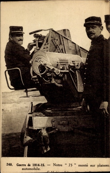 Postcard French soldiers with 75 field gun on an automobile platform