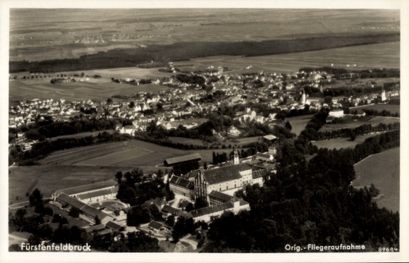 Postcard Fürstenfeldbruck in Upper Bavaria, aerial view of the city green fields, buildings