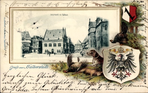 Embossed passepartout coat of arms Postcard Halberstadt am Harz, Holzmarkt, town hall