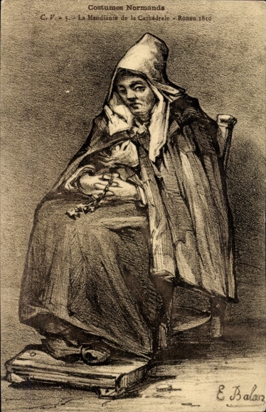 Postcard Rouen Seine Maritime, drawing of an old woman in traditional Norman costume,...