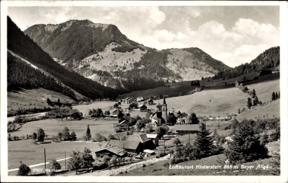 Postcard Pfronten in Allgäu, climatic health resort Hinterstein 865 m, mountain landscape, village view, church