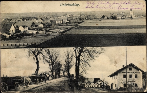 Ak Unterhaching in Oberbayern, actie van M. Hahn, uitzicht op de stad en omgeving